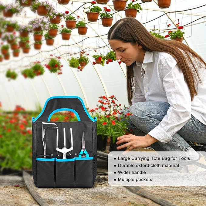 Garden Tool Set with Non Slip Rubber Grip,11 Piece Stainless Steel Gardening Tool Sets,Heavy Duty Outdoor Hand Tools Kit,Durable Tote Bag,Repotting mat,Uprooting Weeding Tool,Ideal Gifts for Women Men