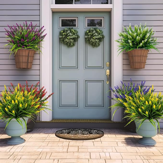 Artificial Flowers for Outdoor Plants 24 Bundles Fake Lavender Plastic Faux Monkey Grass for Verandah Window Garden Office Patio Front Porch UV Resistant for Planter(Yellow)
