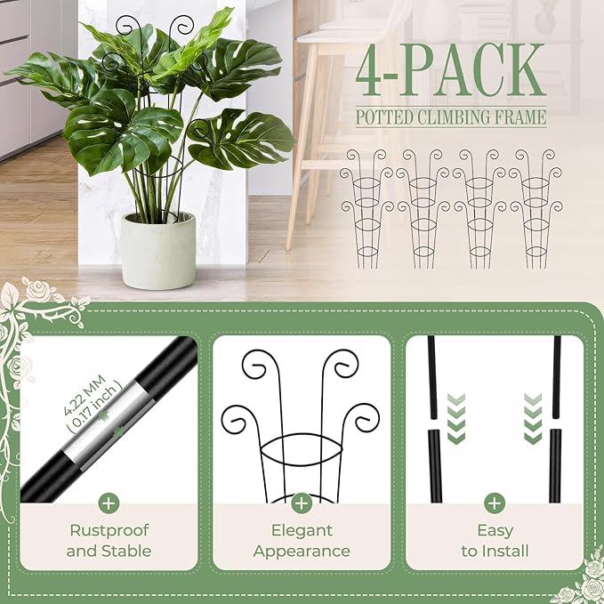 4 Pack 30 Inch Tall Metal Plant Trellis for Climbing Plants Indoor - Rustproof Garden Trellis for Potted Houseplants, Sturdy Support for Ivy, Pothos, Monstera, Hoya & Flower Vines