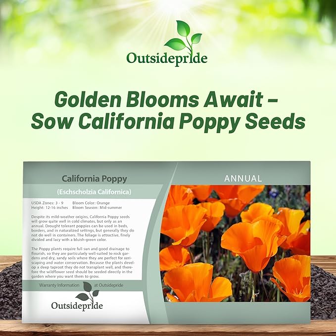 Outsidepride Eschscholzia Orange California Poppy Seeds - 5000 Pcs Annual, Native, Drought Tolerant Wildflower Seeds w/Vibrant Blooms for Full Sun & Drought-Tolerant Pollinator-Friendly Gardens