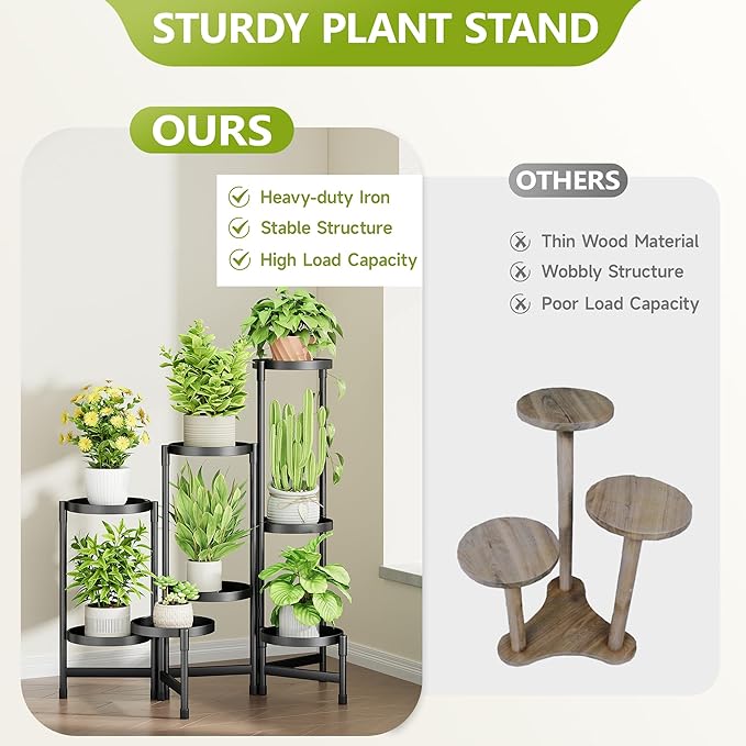 8 Tier Metal Plant Stand Indoor, Rotatable Corner Plant Shelf Outdoor, Tiered Flower Pot Display Stand, Multiple Plants Holder for Patio Living Room Balcony Garden Home Decor - Black