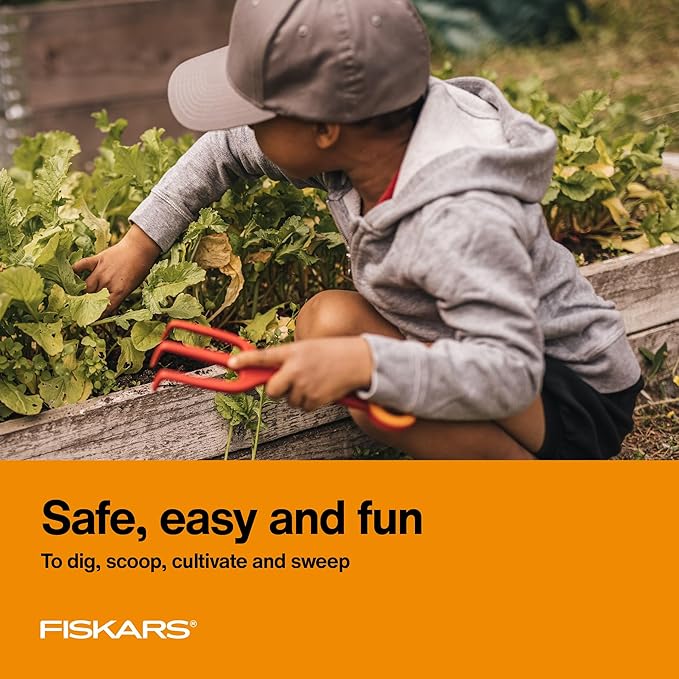 Fiskars Kids Garden Tool Set (4-Piece) - Ages 3+ Educational Toys for Yard Work - Cultivator, Trowel, Scoop and Brush with Organizational Hang Holes
