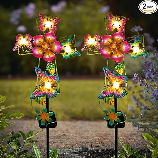 Solar Cross Garden Lights, 2 Pack Solar Butterfly Stake Lights Cemetery Decorations for Grave, Jesus Cross Sympathy Memorial Gifts for Mother Grandma, Metal Garden Art for Yard Lawn Patio Decor