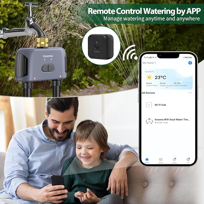 WiFi Water Timer Brass Inlet, 2 Zones Sprinkler Timer for Garden Hose, APP Remote Control Hose Timer with Wi-Fi Hub, Voice Control with Alexa, Rain Delay and Manual Mode for Yard Lawn Watering