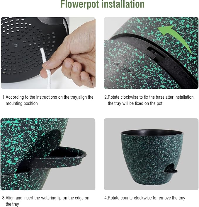 12/10/9 inch Large Self Watering Pots, Planter, Plant Pots with Mesh Drainage Holes for Indoor Outdoor Garden Plants, Plastic Flower Pots with Deep Reservoir, Black with Green Speckles