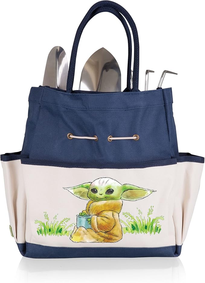 PICNIC TIME Star Wars Mandalorian Grogu Garden Bag with Tool Set, Garden Tool Organizer Bag, Gardening Tools Gifts for Women and Men, (Navy Blue with Beige Accents)