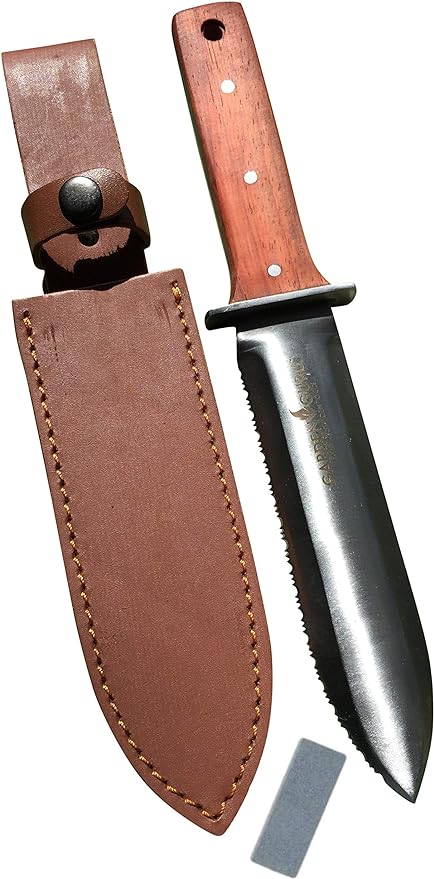 Garden Guru Hori Hori Garden Knife Supreme Set for Weeding, Digging, Pruning, and Cultivating - Stainless Steel Full Tang Blade | Marks for Measuring Planting Depth | Premium Leather Sheath