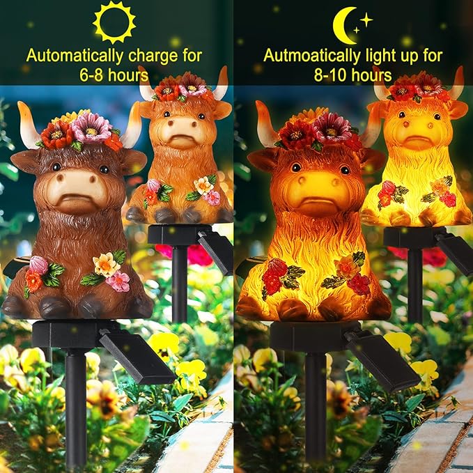 2 Pack Highland Cow Solar Lights Outdoor Garden Gnome Statues Resin Lamp Decor Waterproof Stake Lights Highland Cow Gifts for Yard Patio Lawn Decor