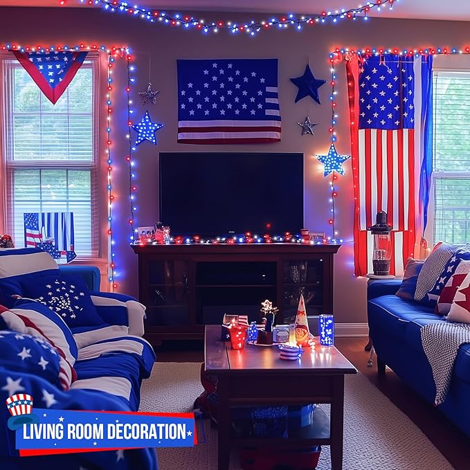 JMEXSUSS 500 LED Red White and Blue Lights 4th of July Decorations, 173ft 8 Modes 4th of July Lights Outdoor, Waterproof Patriotic String Lights Plug in for Memorial Day Independence Day Holiday Decor