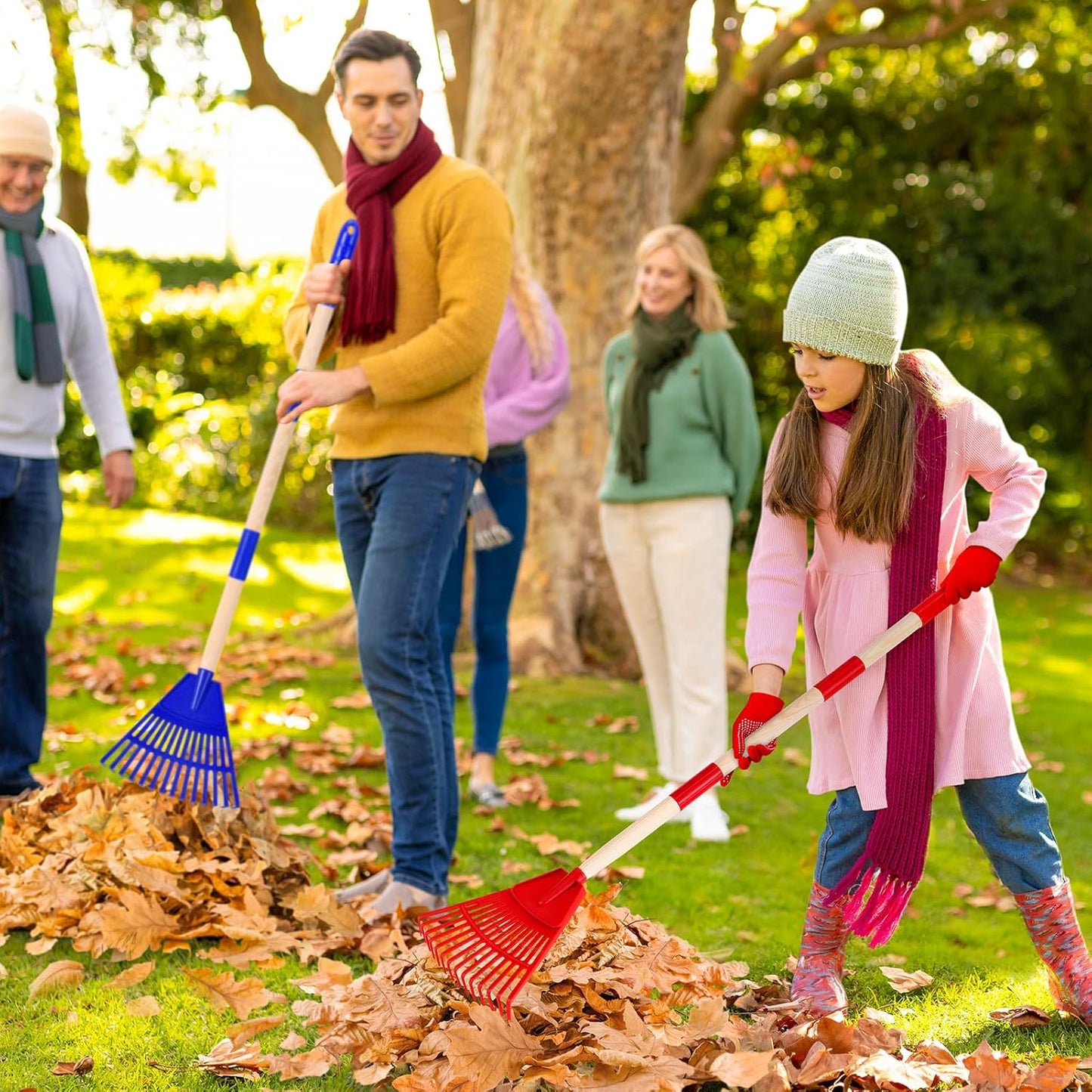 2 Pcs 35'' Kids Rakes for Leaves - Plastic Rake Head with 2 Pairs Kids Gloves, Small Kids Lawn Rakes Detachable Wooden Handle, Autumn Garden Tool Set for Kids Boys and Girls, Red & Blue, 3yr+