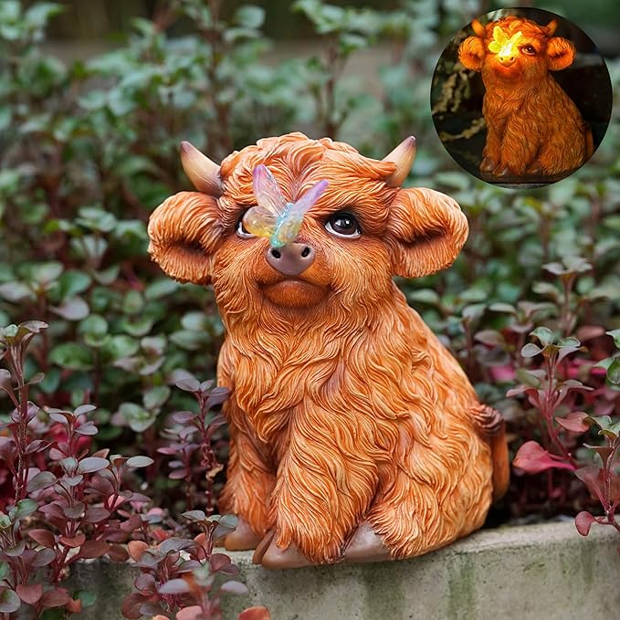 Highland Cow Solar Powered Outdoor Garden Statue, Resin Highland Cow Statue with Solar Light Lantern, Decorative Lawn, Yard Outdoor Highland Cow Decor. Unique home decorations, gifts for women