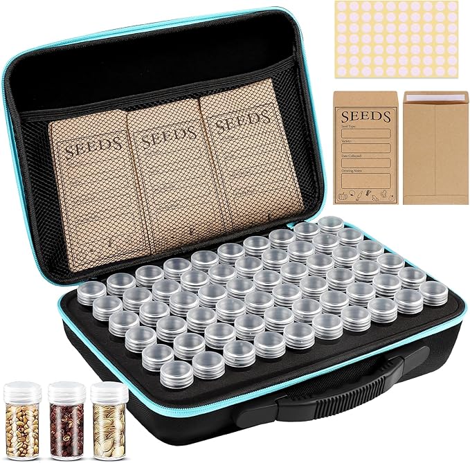 60 Slots Seed Storage Organizer with 20 Seed Envelopes, Sturdy Seed Organizer Storage Box with Zipper Bag Label Stickers(Seeds not Included), Seed Storage Container for Flower Plants Garden
