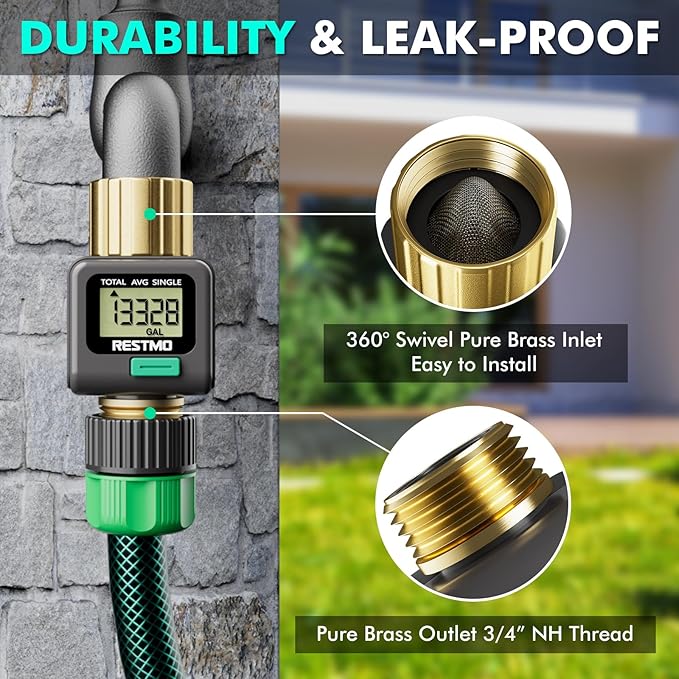 RESTMO Water Flow Meter with Brass Inlet & Outlet, Measure Gallon/Liter Consumption and Flow Rate for Outdoor Garden Hose Watering, RV Water Tank Filling, Lawn Sprinkler and Nozzle Sprayer