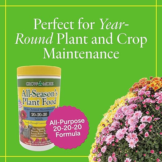 Grow More All-Season's Plant Food (20-20-20 Fertilizer) - 1.5lbs of All Purpose Fertilizer - Water Soluble Plant Food for Houseplants with Chelated Micronutrients