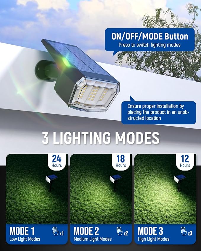 Solar Spot Lights Outdoor 63 LED 3 Lighting,Waterproof IP65 Modes Spotlights for Outside House Yard Garden Landscape Lights 2 Pack (Natural Light)