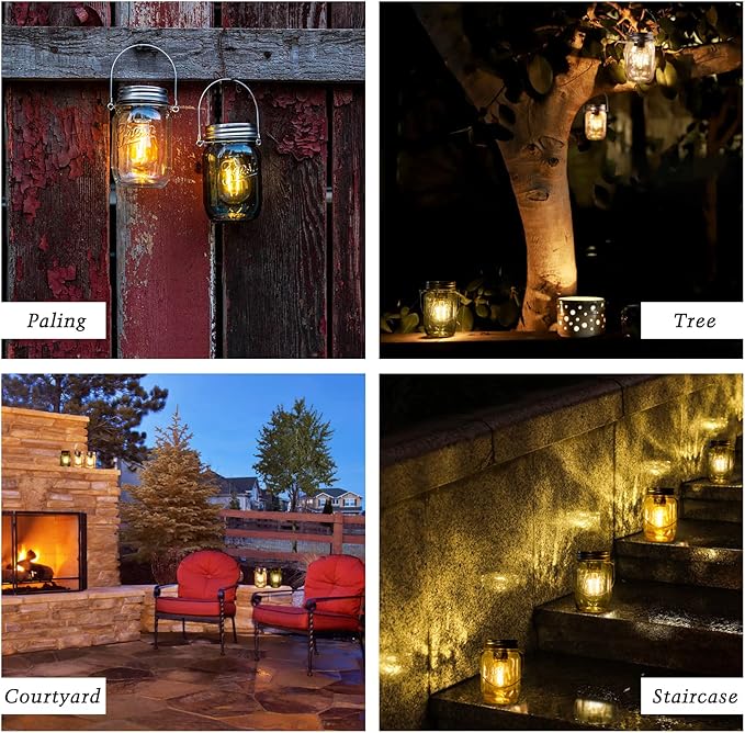 Outdoor Mason Jar Lights Hanging, 2-Pack LED Decorative Garden Lanterns with Timer, Battery Operated Vintage Glass Light for Patio Camping Courtyard Backyard Tree Hallway Stairs Farmhouse (2Color)