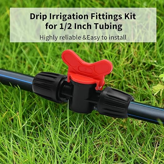 18Pcs Drip Irrigation Fittings Kit, 2 Elbows, 4 End Caps, 3 Tees, 3 Switch Valves, 3 T Connectors, 3pcs 1/2" to 1/4" Reducers, Barbed Locked Nuts Connectors for Watering System