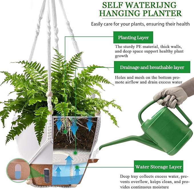 10 Inch Hanging Planters for Indoor Plants, 2 Pack Self Watering Hanging Baskets Flower Pots with Drainage Hole, Visual Reservoir & 2 Kinds of Plant Hanger for Outdoor Garden Home Decor