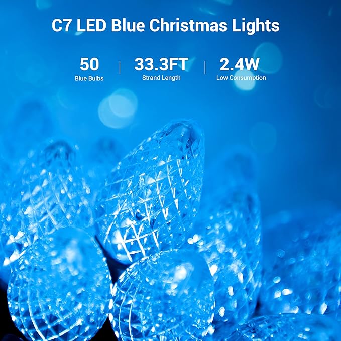 DEWENWILS C7 Outdoor Christmas Lights - 33.3FT 50LED String Decorations for House, Tree, Patio, Garden, Yard - Green Wire, Turquoise, UL Listed