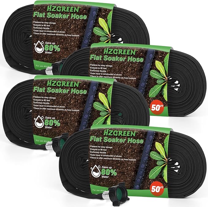 Flat Soaker Hose 50FT x 4 PACK,Drip Hose for Garden Beds Linkable Irrigation System Lightweight and Easy Watering for Tree Plant and Save 80% Water for You (200FT)