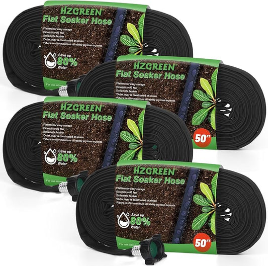 Flat Soaker Hose 50FT x 4 PACK,Drip Hose for Garden Beds Linkable Irrigation System Lightweight and Easy Watering for Tree Plant and Save 80% Water for You (200FT)