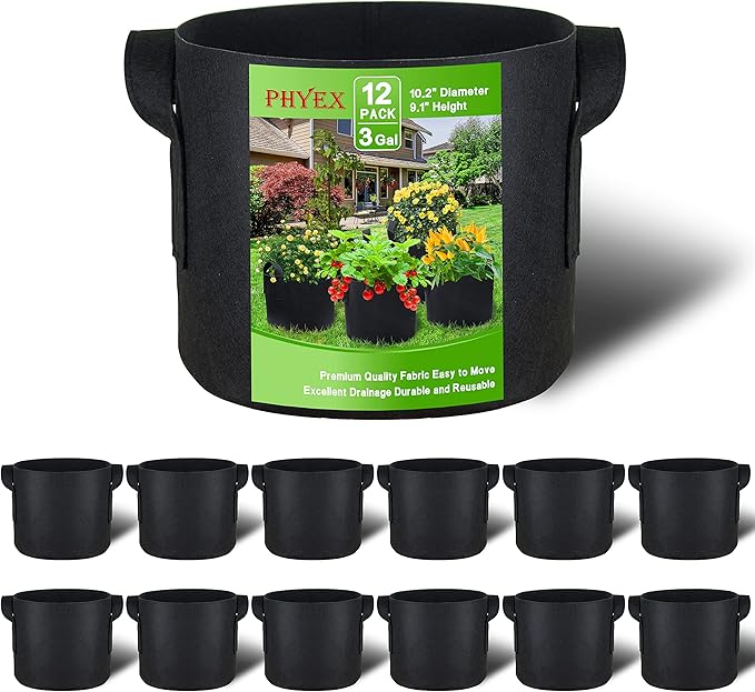 PHYEX 12-Pack 3 Gallon Grow Bags, Thickened 300G Nonwoven Fabric Pots with Reinforced Handles, Planting Bags for Healthy Root Growth, Vegetables, and Flowers, Come with 12 Pcs Plant Labels