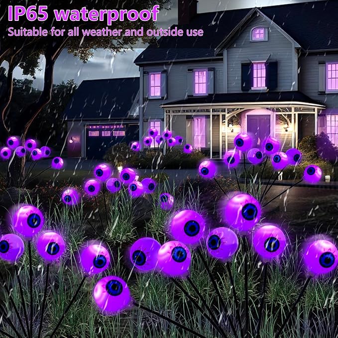 Halloween Decorations Outdoor Lights - 4 Pack 32LED Solar Halloween Scary Eyeball Pathway Lights Swaying by Wind, Waterproof Solar Halloween Stake Lights for Garden Porch Lawn Pathway (Purple)