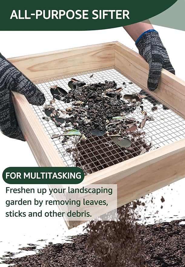 Soil Sifter with Shovle and Glove, Multi-Purpose Wood Compost Dirt Sifter for Gardening, Soil Screen Dirt Cedar Garden Rock Sifter for Compost Sifting Soil, Dirt, Peat Moss and Potting Soil