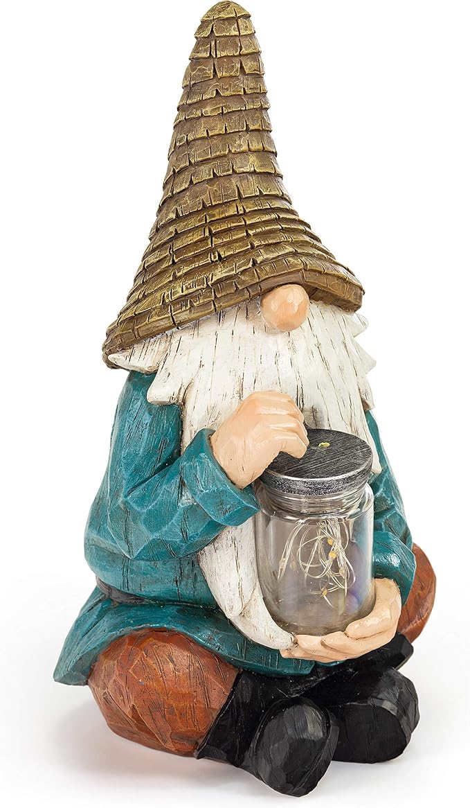 VP Home Firefly Jar Gnomes - Outdoor Garden Gnome with Solar Light - Durable Garden Decorations for Yard, Lawn, Patio - 10.5H x 7W x 5.5D - Weather-Resistant Gnome Statue