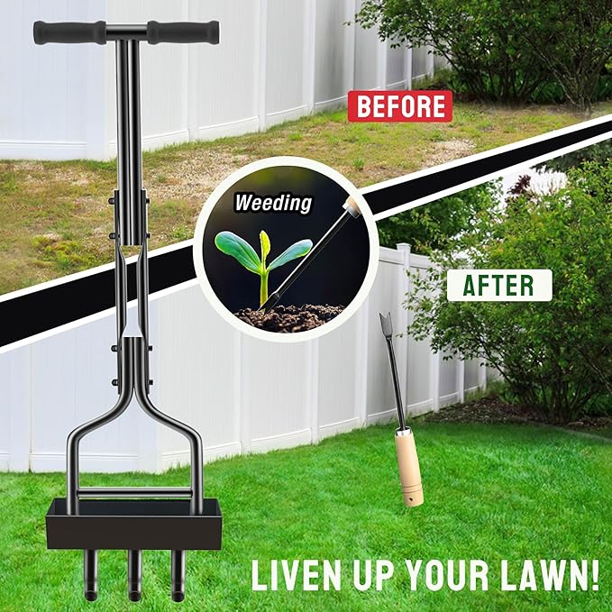 Manual Lawn Aerator with Tray & 3 Hollow Slots Manual Soil Corer Collector Lawn Plug Core Aeration Tool Heavy Duty Lawn Core for Soils & Lawns Yard Garden, 37.6 inches, Black