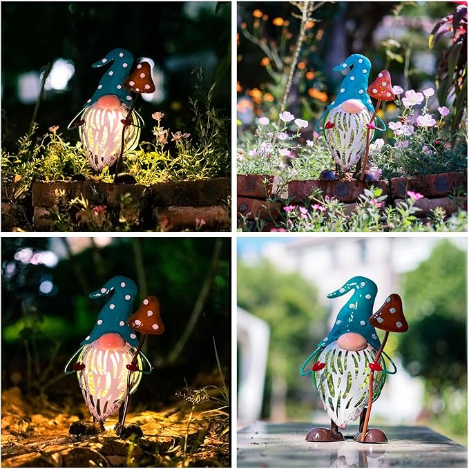 Solar Garden Outdoor Statues Decor, Metal Gnomes Solar Decorations Outdoor Figurine Lights, Solar Lantern Waterproof for Outside, Patio, Yard, Table, Porch, Lawn, Pathway