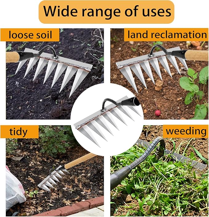 Iron Rake for Gardening and Weeding - Heavy Duty Garden Tool, Carbon Steel Hand Rake for Sturdy Dethatching, Heavy Duty Rake 7 Toothed Steel (Without Stick)