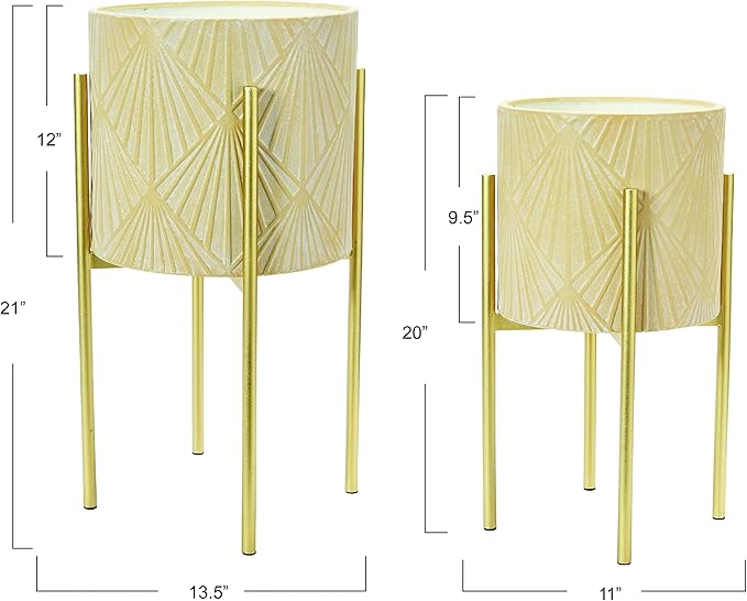 Main + Mesa Modern Boho Embossed Metal Planters with Stands, Cream and Gold, Set of 2 Sizes