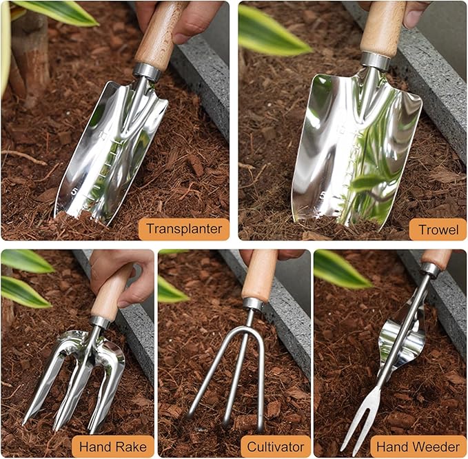 Garden Tools Set, Heavy Duty Gardening Hand Tools with Shoulder Crossbody Garden Tote Bag, Rust-Proof Garden Tools with Wood Handle, Ideal Gardening Gifts for Women Men