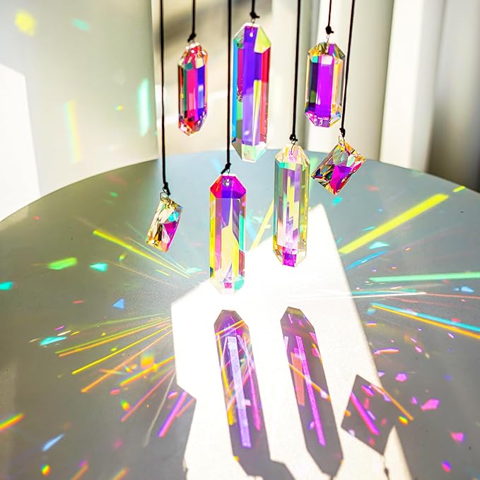 HDCRYSTALGIFTS Set 7 Crystal Sun Catcher Prisms, AB Colored Suncatcher Crystals Window Indoor Hanging Christmas Ornaments Rainbow Maker Prisms for Home Garden Decor