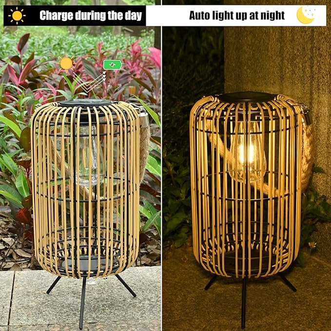 Solar Lantern Outdoor Waterproof, Large Solar Rattan Lantern Outdoor Hanging with Handle, Bright Solar Outdoor Lights with Edison Bulb for Garden Patio Yard Tabletop Decoration
