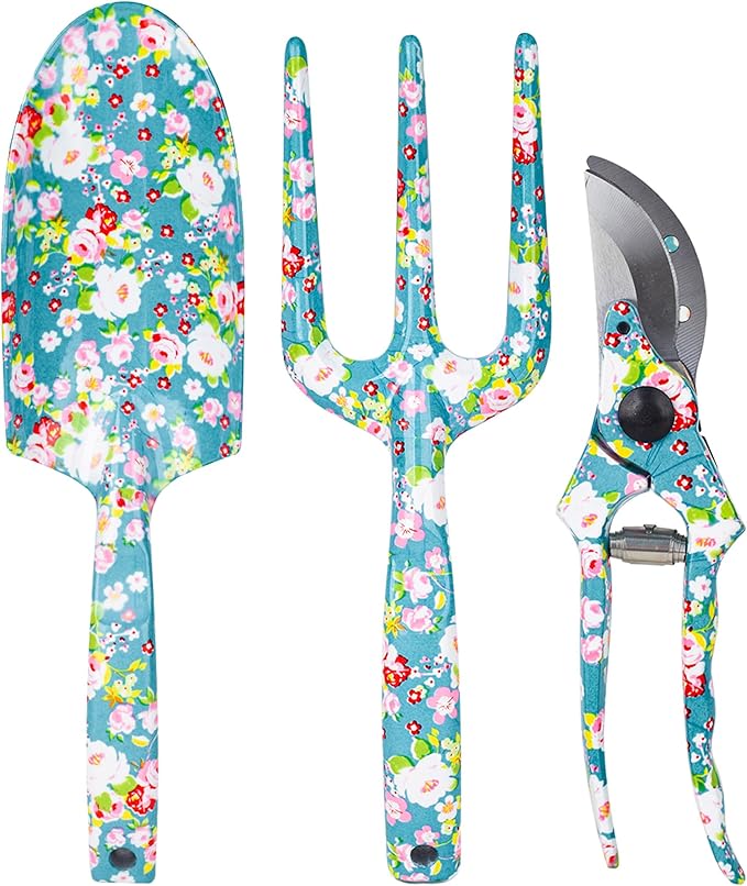 Garden Tool Set Gardening Hand Tools Kit, Floral Sturdy Garden Gifts, 4 PCS Heavy Duty Shovel Kit Including Trowel, Sharp Pruner, Hand Rake, and Mat (Blue Set)