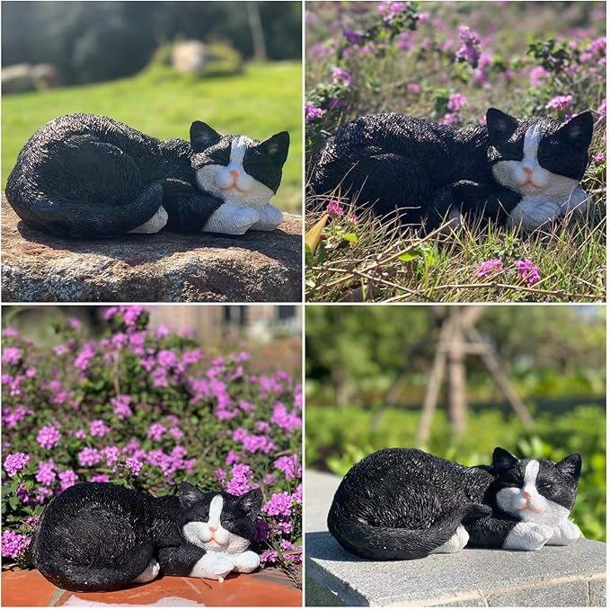Sleeping Cat Statue Garden Decor, Outdoor Cat Sculpture & Figurine Lawn Ornament, Black & White Tabby Statue for Patio, Lawn, Yard Decorative, Cute Kitten Memorial Grave Accessory