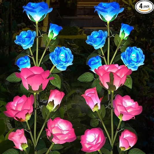 Solar Garden Lights, Solar Outdoor Lights with More Realistic 20 Rose Waterproof Solar Powered Flowers Lights for Outside Patio Yard Pathway Decorations, Blue and Pink