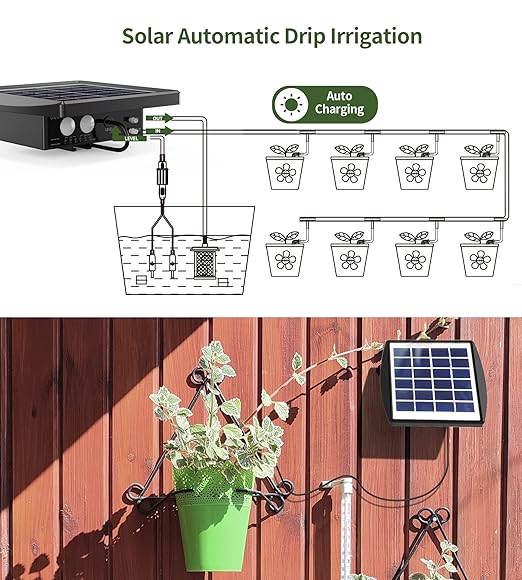 Solar Auto Drip Irrigation Kit System, Solar Powered Plants Watering System, Self Watering Devices Supported 15Pots with 6Timing Modes, Irrigation System for Indoor and Outdoor,Balcony Patio & Garden