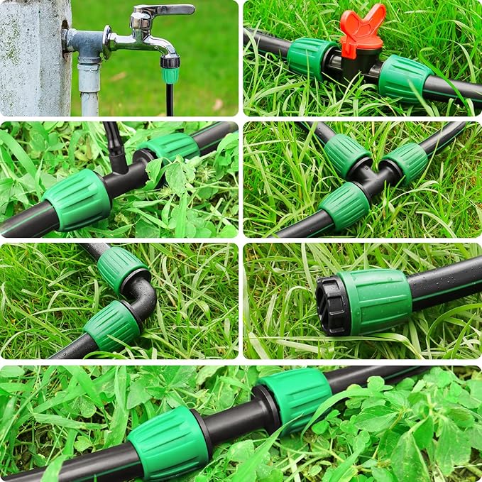 Drip Irrigation Fittings for 1/2 Inch Tubing, 24 Pcs Set 1/2" Drip Line Barbed Locked Nut Connectors - 5 Couplings, 4 Tees, 4 Reducing Tee, 4 End Cap, 3 Elbow, 2 Switch Valves, 2P 3/4" Faucet Adapters