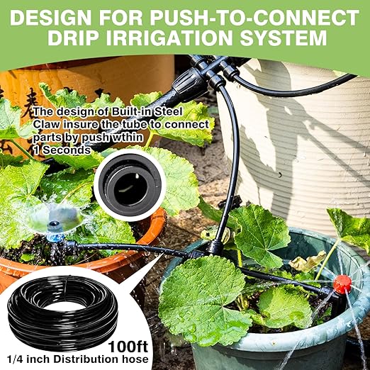 100FT 1/4 inch New Quick-Connect Drip Irrigation Kit Distribution Hose Tubing for Garden Irrigation System (Includes 2 Pcs 6-Way Connector, 5 Pcs 1/4" Tee and 10 Pcs End Plugs)