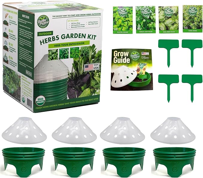 4 Herb Garden Kit with Grow Rings and Greenhouse Germination Domes – Certified Organic Herb Planter Kit – Gardening Gift for Mom, Teachers, Women, and Men – Made in USA