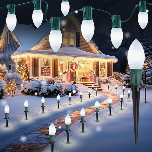 Brightown Frosted C9 LED Christmas Lights Outdoor, 32Ft Pathway Lights with 25 LED Bulbs, Pure White