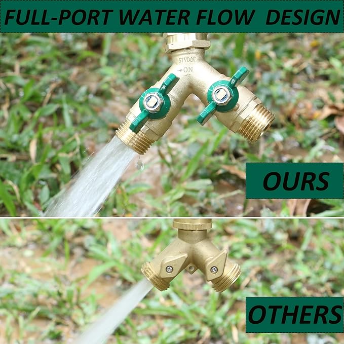 STYDDI Garden Hose Splitter Full Flow, Brass Heavy Duty Hose Splitter 2-Way High Flow, All Metal Hose Y Splitter with Shutoff, Outdoor Faucet Splitter Hose Connector, Water Hose Y Valve Tap Adapter