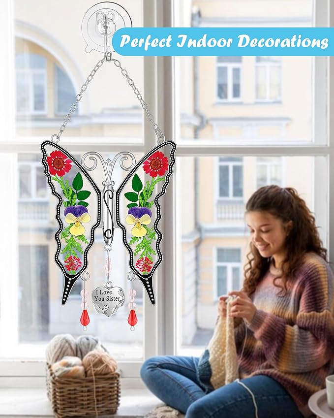 KY&BOSAM Butterfly Suncatcher I Love You Sister Stain Glass Suncatchers for Window Hanging Wind Chime Pressed Flower Between Wings and Charm Birthday Gifts for Women Mother's Day Valentine's Christmas