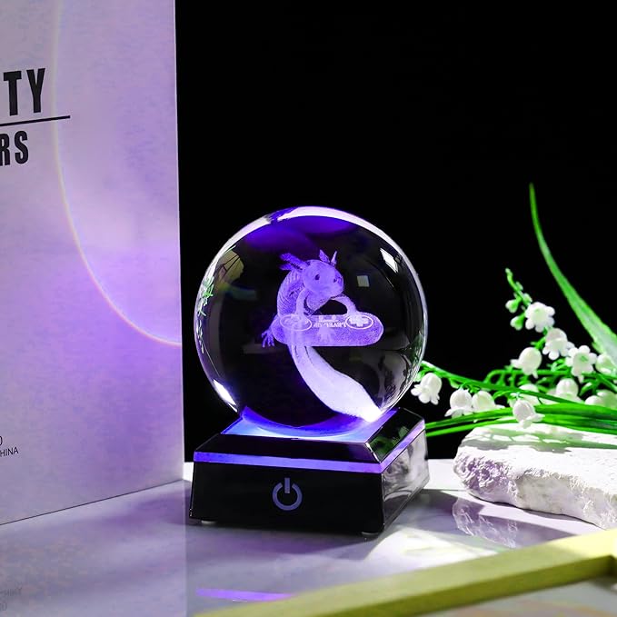 Axolotl Glass Animals Gamer Room Decor - 3D Crystal Ball Night Light Statue, 3.15'' Gamer Gifts for Kids