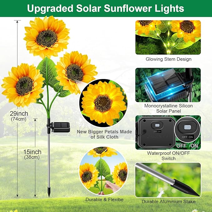 Outdoor Solar Garden Lights, 2024 Upgraded Waterproof Outdoor Solar Lights with 9 Bigger & Brighter Sunflowers, Garden Lights Solar Powered Outdoor Lights for Outside Patio Yard Decorations