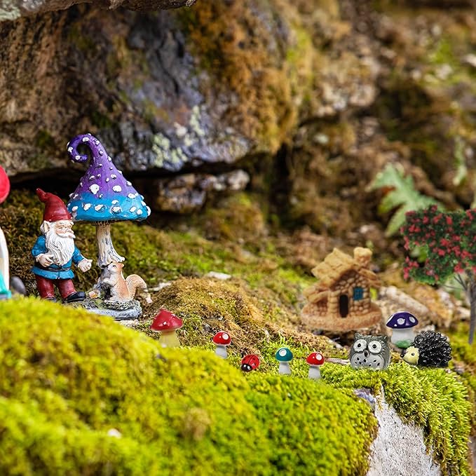 58 Pcs Mini Garden Accessories Set Fairy Village Miniature Fairy House Starter Kit Mini Terrarium Figurines Micro Landscape Mixed Model Tree Diorama Supplies for DIY Succulent Dollhouse Craft