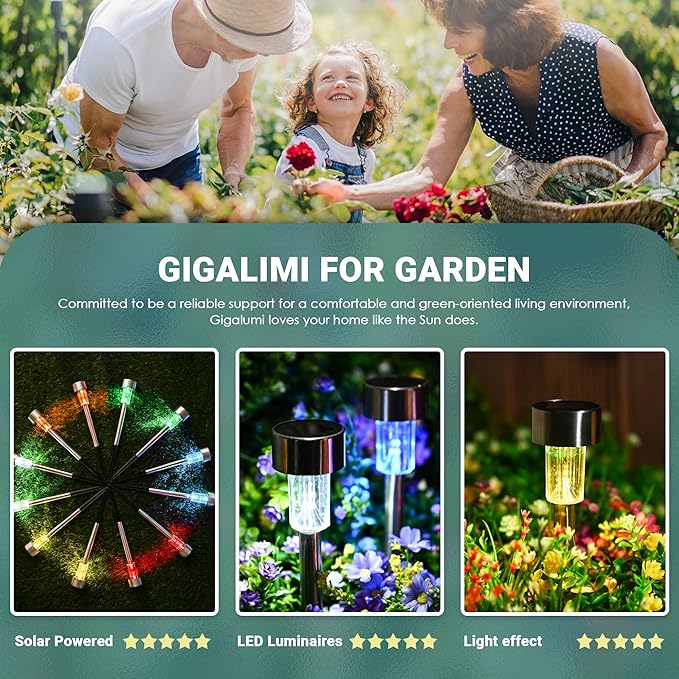 GIGALUMI 12Pack 6Color Solar Garden Lights, Solar Christmas Lights Outdoor Waterproof Decorative, Stainless Steel Led Pathway Landscape Lighting for for Landscape, Yard, Garden, Lawn and Walkway